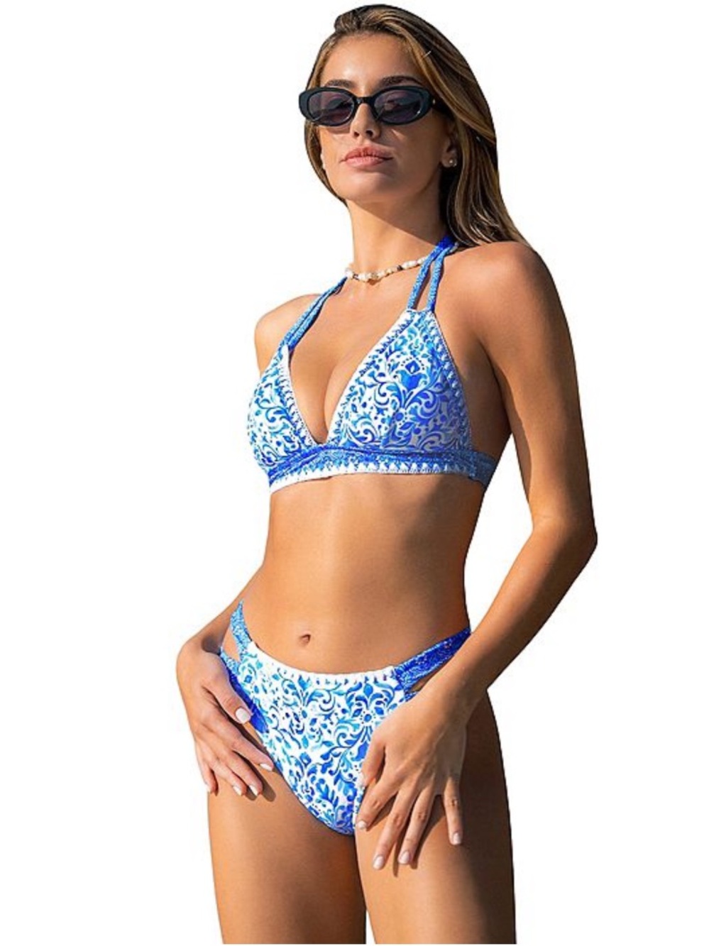 Cupshe Blue and White Floral Double-Strap Bikini Bottom - Picture 4 of 10